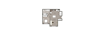 A floor plan of a house with a kitchen, living room, dining room, bedroom, bathroom, and storage space.