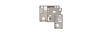 A floor plan of a house with two bedrooms, a living room, a kitchen, a bathroom, a closet, and storage.