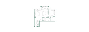 A floor plan of a house with a master bedroom, bathroom, and kitchen.
