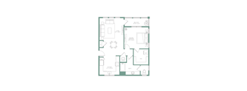 A floor plan of a house with a living room, two bedrooms, a bathroom, and a kitchen.