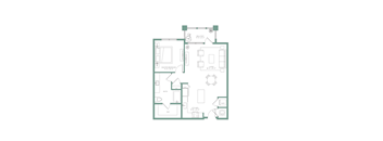 A floor plan of a house with a master bedroom, living room, and kitchen.