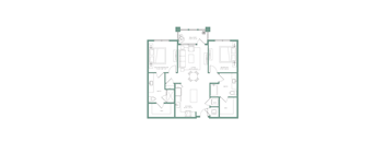 A floor plan of a house with a master bedroom, two bathrooms, a kitchen, and a living room.