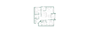 A floor plan of a house with a kitchen, living room, and bathrooms.