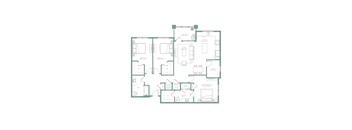 A floor plan of a house with a kitchen, living room, and two bedrooms.