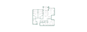 A floor plan of a house with a kitchen, living room, and two bedrooms.
