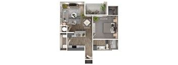 A series of images showing different layouts of a room with a kitchen, living room, and bathroom.