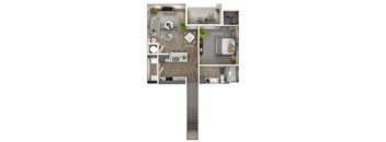 A floor plan of a two-bedroom apartment with a living room, kitchen, and bathroom.