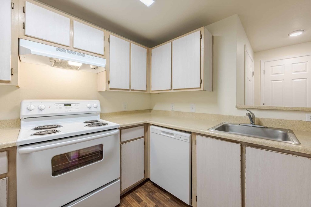 A white kitchen with a stove, dishwasher, and sink.