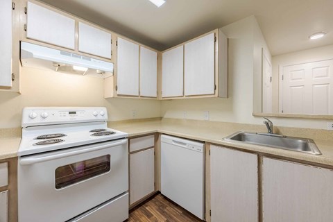 A white kitchen with a stove, dishwasher, and sink.