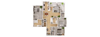 A top-down view of a house layout with a kitchen, living room, dining area, and bedrooms.