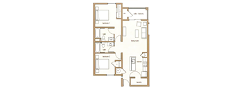 A floor plan of a two bedroom apartment with a living room, kitchen, and laundry room.