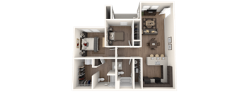 A 3D floor plan of an apartment showing a kitchen, living room, and two bedrooms.