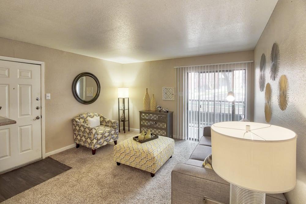 a living room with a couch and a table