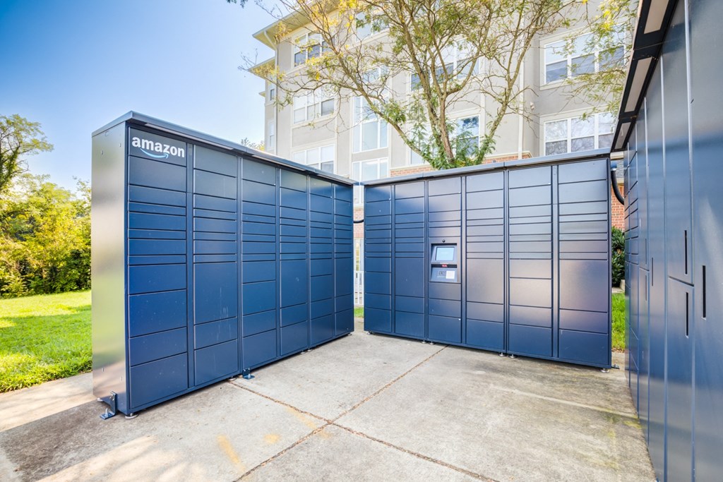 a group of blue lockers in front of a building