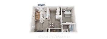 A 3D floor plan of a small apartment with a kitchen, living room, and bathroom.