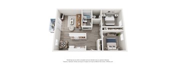 A 3D floor plan of a small apartment with a kitchen, living room, and bedrooms.