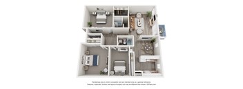 A 3D floor plan of a house with multiple rooms and furniture.