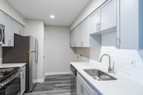 empty renovated kitchen with white cabinets
