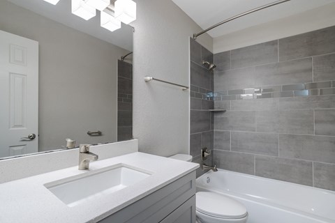 a bathroom with a sink and a shower and a toilet