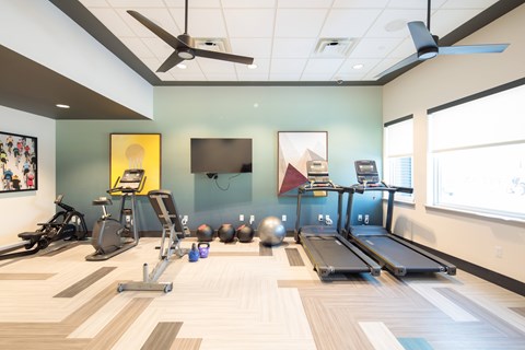 A gym with a variety of equipment including treadmills, exercise bikes, and weights at Vina Apartments in Denver, CO.