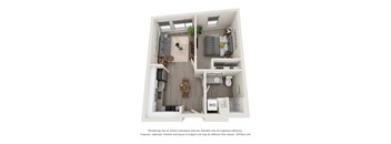 A 3D floor plan of a small apartment with a kitchen, living room, and bedroom.