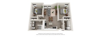 A 3D floor plan of a house with two bedrooms, a living room, a kitchen, and a bathroom.