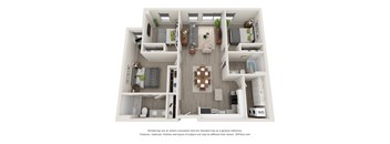 A 3D floor plan of a small apartment with a kitchen, living room, and two bedrooms.