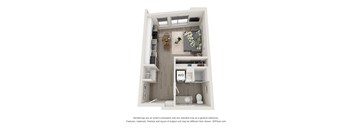 A 3D floor plan of a small apartment with a kitchen, living room, and bathroom.