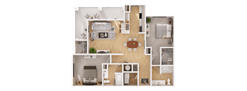 A top-down view of a house layout with a living room, kitchen, and bathroom.