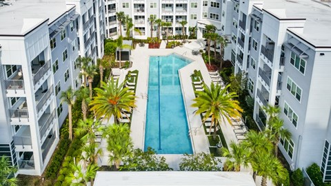 Aerial view of apartment community with swimming pool and palm trees