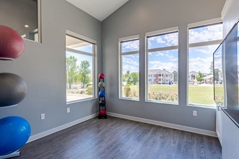 a workout room with large windows and a yoga ball