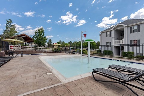 our apartments have a swimming pool with chairs and umbrellas
