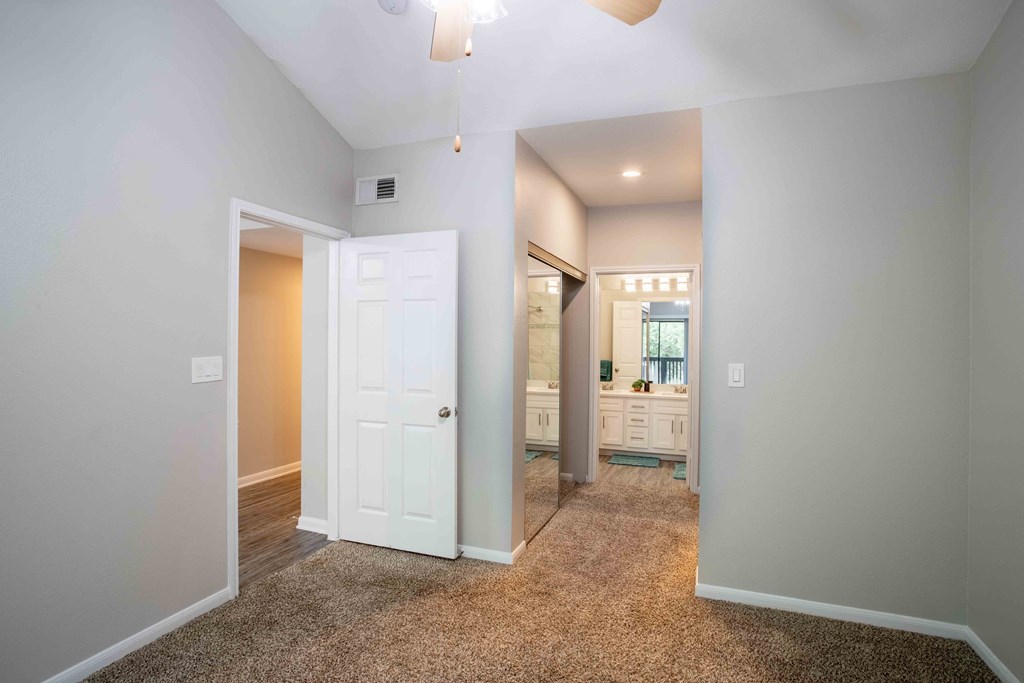 a master bedroom with a closet and a bathroom
