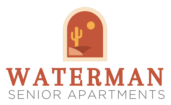 A logo for Waterman Senior Apartments featuring a cactus.
