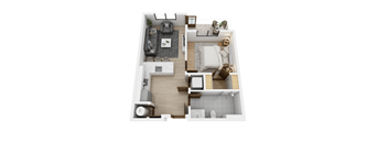 A 3D floor plan of a small apartment with a kitchen, living room, and bedroom.