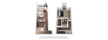 Two images of a floor plan of a small apartment.