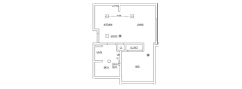 A floor plan of a house with a kitchen, living room, bedroom, bathroom, and laundry room.