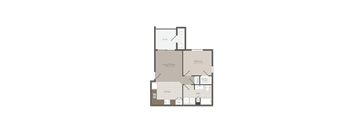 A floor plan of a house with a porch, living/dining area, kitchen, and two bedrooms.