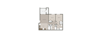 A floor plan of a house with two bedrooms, a living area, a kitchen, a porch, and a walk-in closet.
