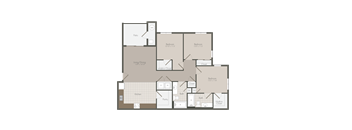 A floor plan of a house with three bedrooms and a kitchen.