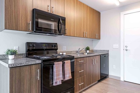 A kitchen with a black stove top oven and a black microwave above it.