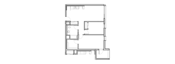 A floor plan of a house with a kitchen, living room, and bathrooms.