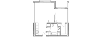 A black and white drawing of a floor plan for a small apartment.