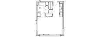 A floor plan of a house with a kitchen, living room, and bathroom.