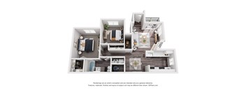 A 3D floor plan of a house with a kitchen, living room, and bathroom.