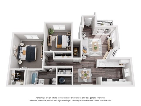 A 3D floor plan of a house with a kitchen, living room, and bathroom.