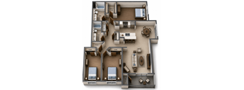 A 3D floor plan of a house showing the layout of the rooms.
