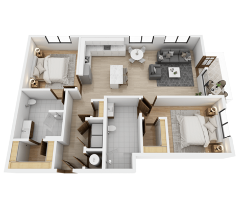 A 3D floor plan of a house with multiple rooms and furniture.