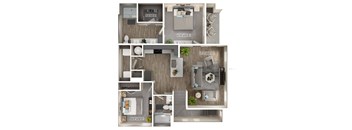 A floor plan of a small apartment with a bedroom, living room, kitchen, and bathroom.