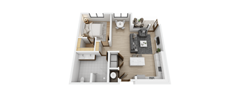 A top-down view of a small apartment with a kitchen, living room, and bathroom.